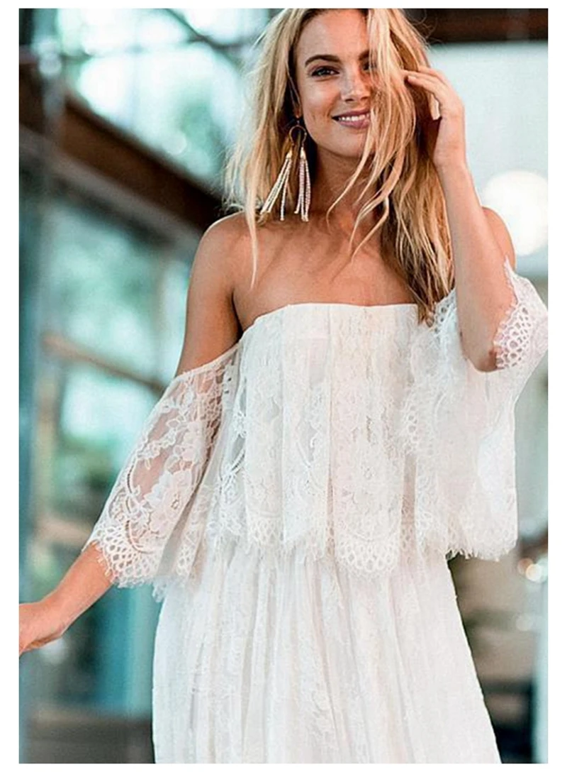 940#Off Shoulder Strapless Lace fabric flare sleeve a line Bohemian beach wedding dress bridal Beach Sweep Train gown Customzied