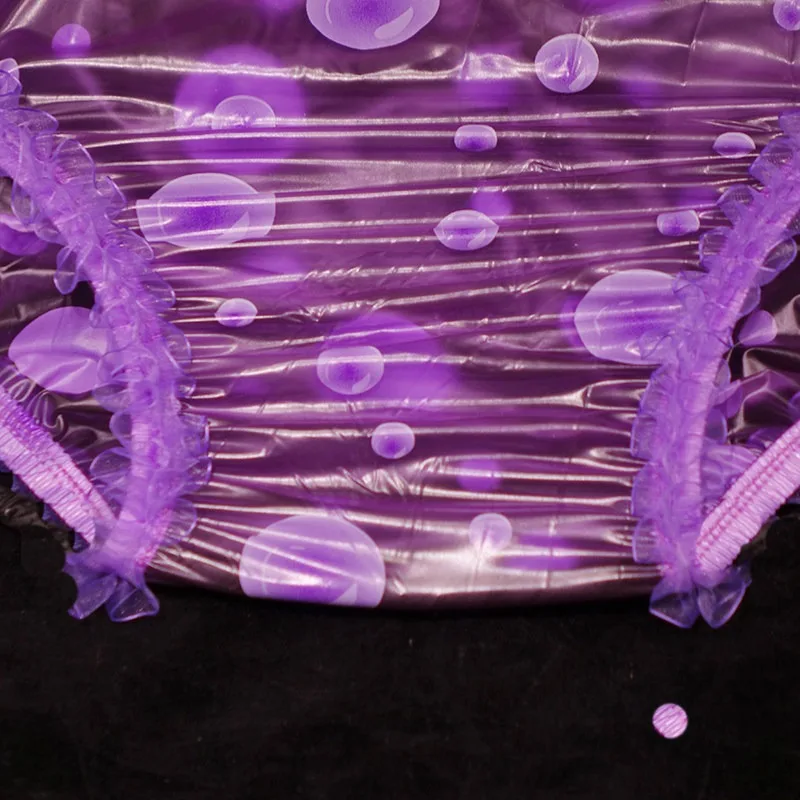 Nuovo Slip a Triangolo in PVC Trasparente Impermeabile Viola con Texture a Bolle e Bordo in Pizzo, Vita Media, Anti-perdita, Lingerie in Plastica da Donna