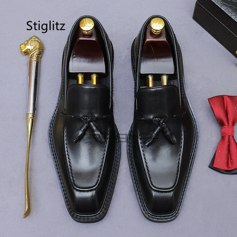 

Genuine Leather Tassel Loafers Men's Square Toe Business Dress Shoes Handmade High Quality Slip On Casual Office Formal Shoes