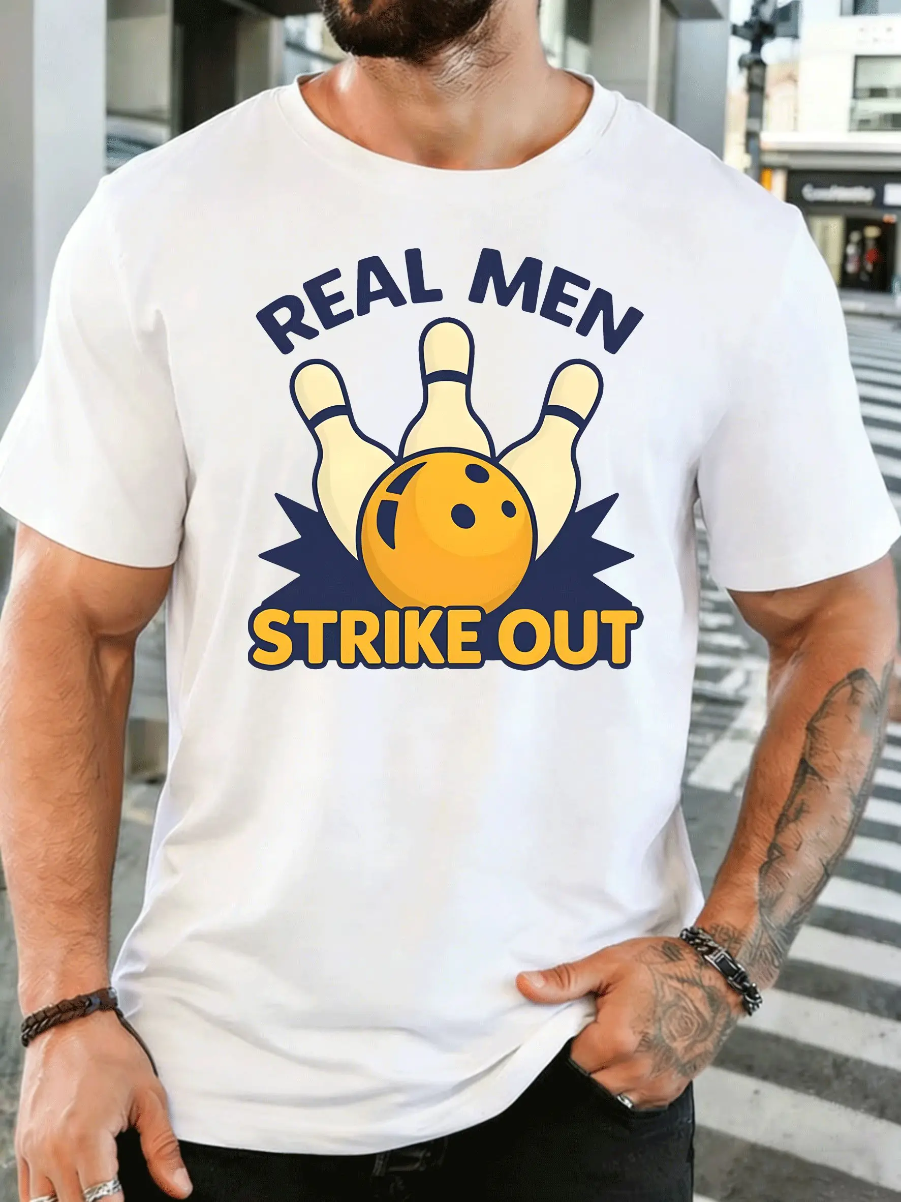 Real Men Strike Out Bowling Ball And Pins Mens Print T Shirt Funny Sport Graphic Tee Casual Short Sleeve Top Bowling Player Gift