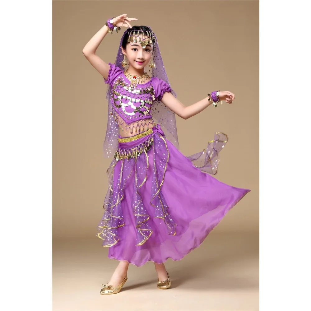Traje de performance de dança indiana infantil, roupa de dança do ventre para meninas