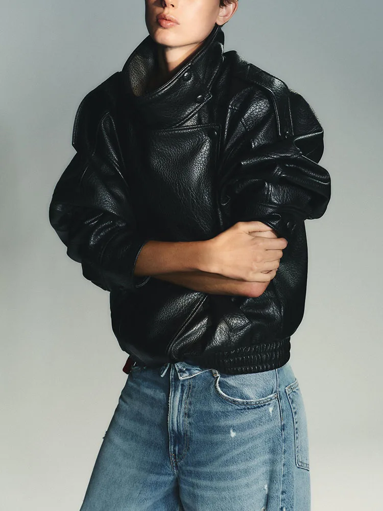 Elegancki, słodki, długi płaszcz ze stójką, kurtka wierzchnia, nowość na jesień 2025, damski płaszcz ort, skóra ekologiczna.