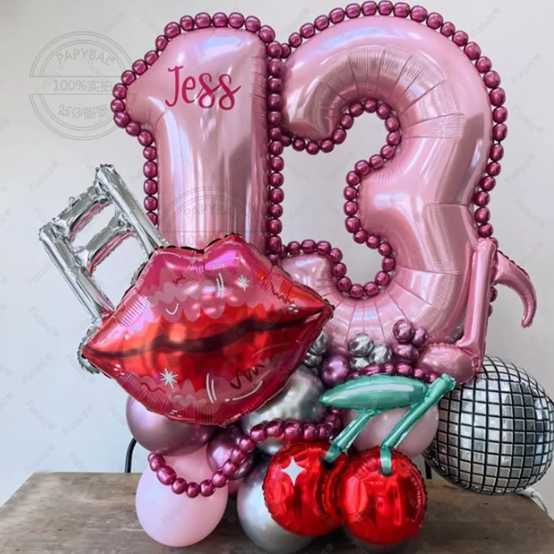 Set de 36 Globos de Cereza Disco para Labios, Globos de Cumpleaños con Número Rosa, Decoración Temática de Notas Musicales para Fiestas, Adorno Festivo para el Hogar