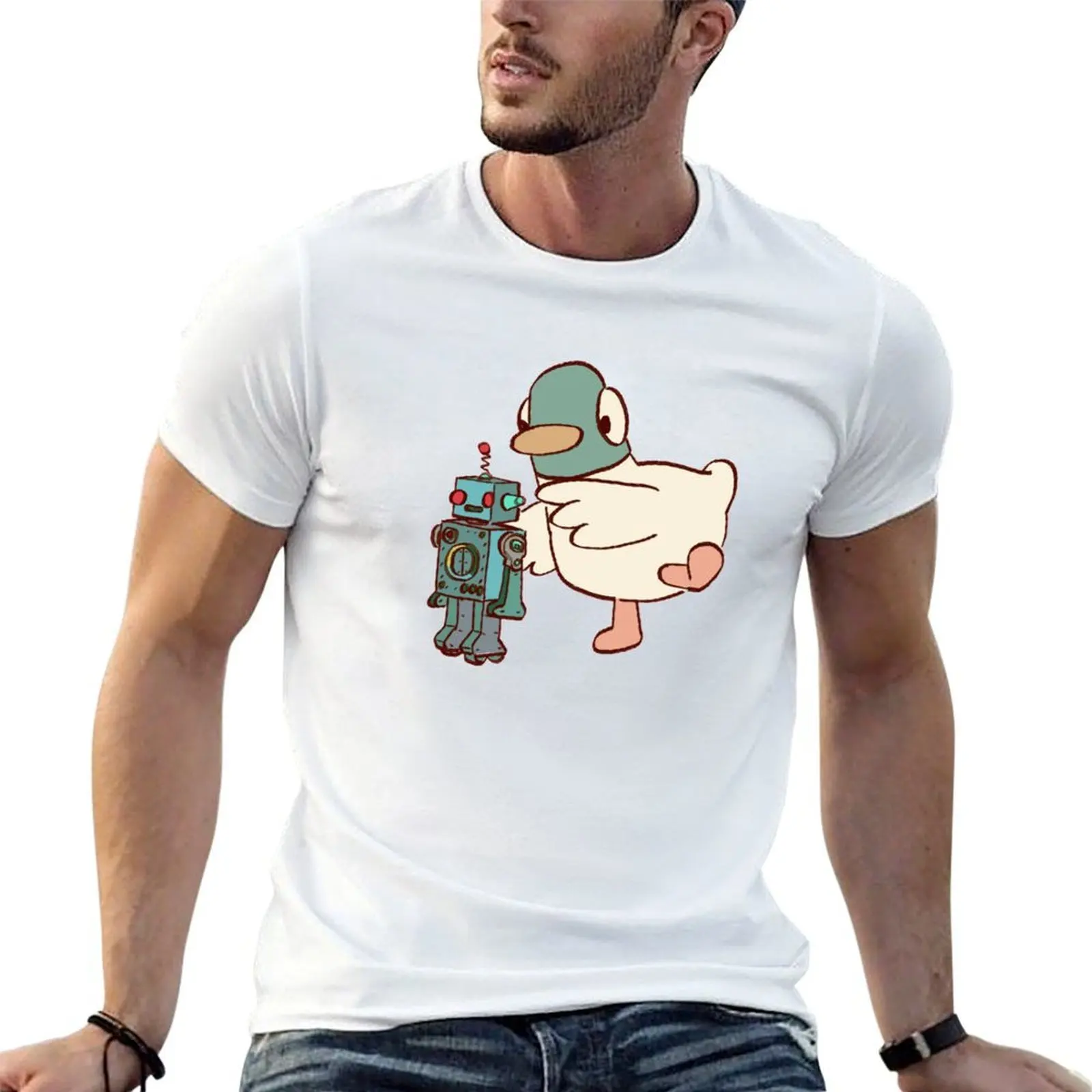 I draw duck with robot / sarah and duck T-Shirt customs summer shirt fruit of the loom mens t shirts
