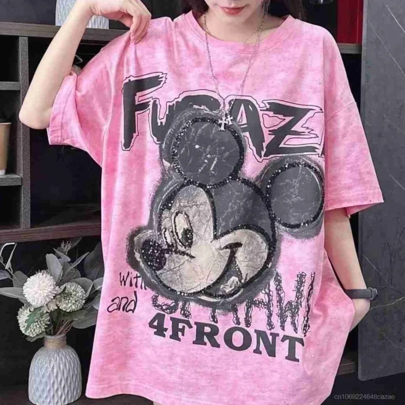 

Disney Mickey Cute Cartoon Short Sleeve T-shirt Women Summer Loose Casual Versatile Tees Simple Commuting Fashion Round Neck Top