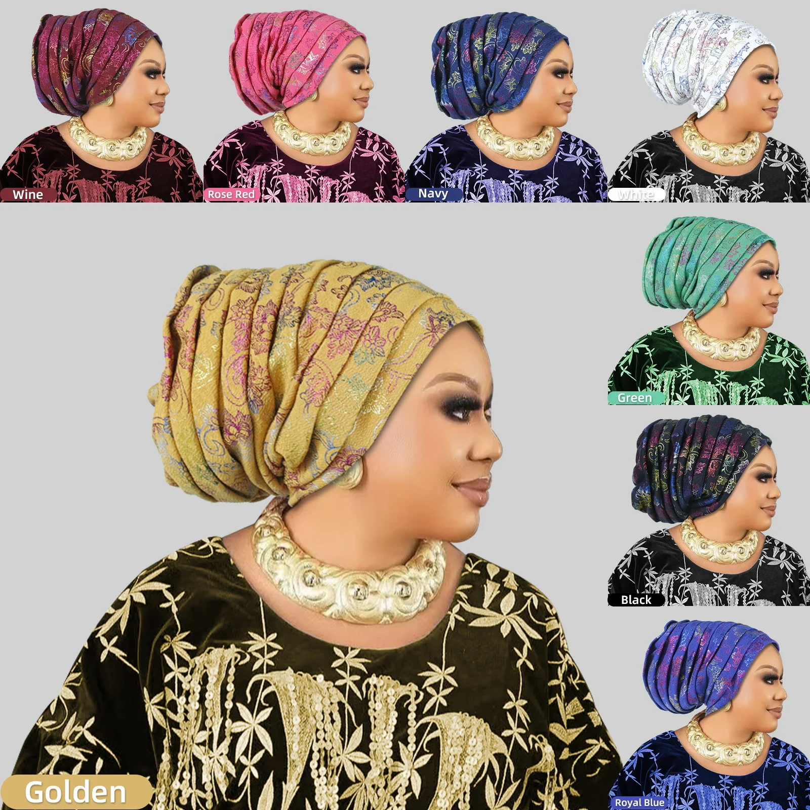 여성을위한 반짝이 전신 Pleated Turban 모자 2025 레이디 헤드 랩 이슬람 Headscarf 모자 Turbante Mujer African Headpiece