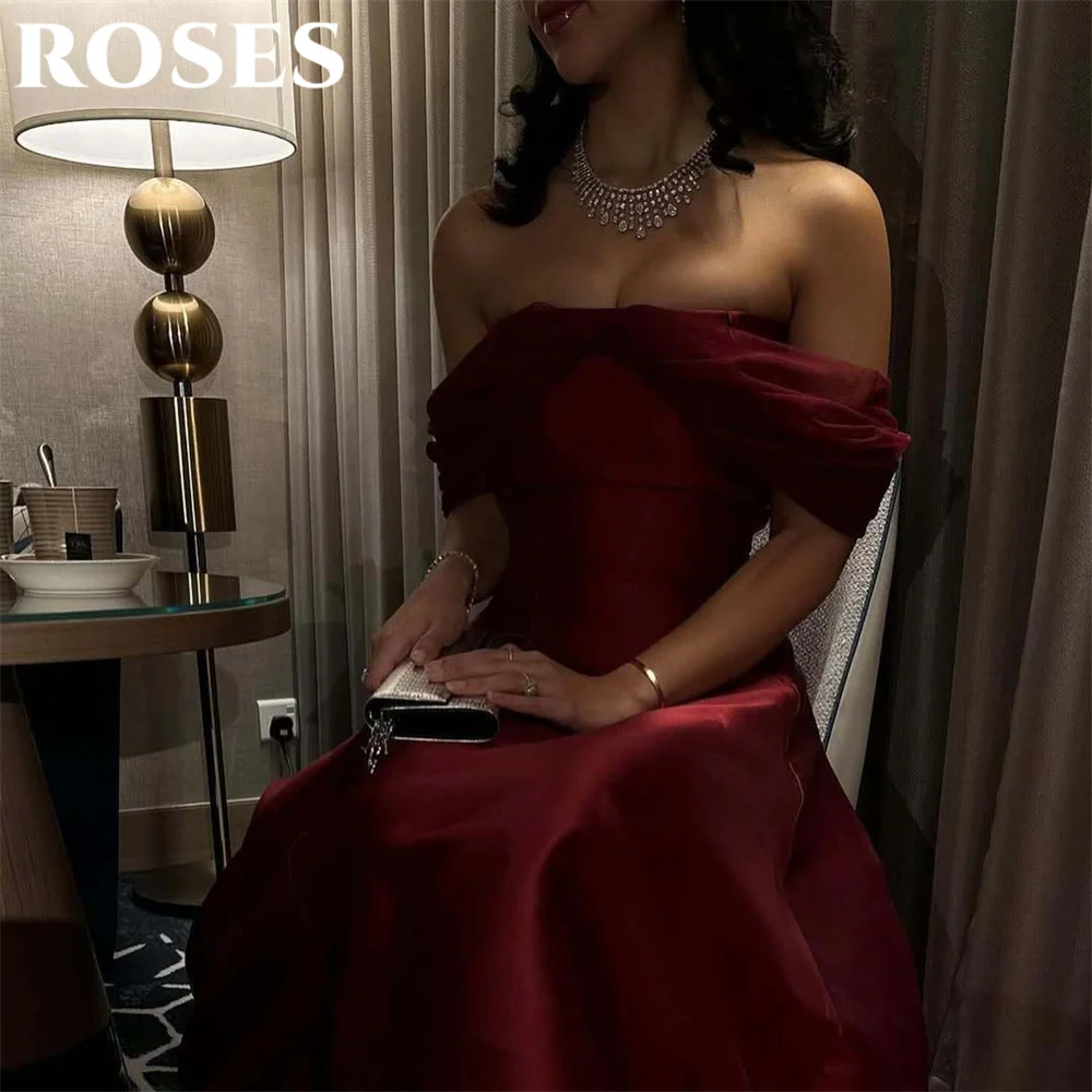 

ROSES Red Stain A Line Formal Dress Off the Shoulder Evening Party Dress Saudi Arabia Pleats Occasion Dress for Women Customized