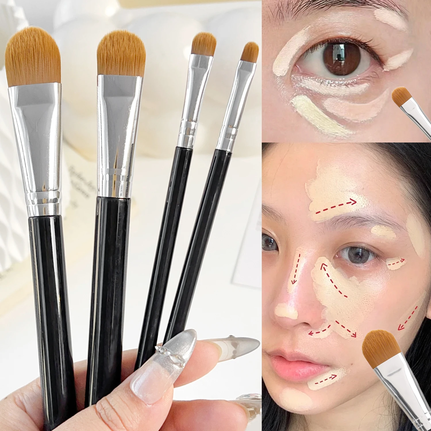 4 ประเภทขนาด Ultra-thin รูปลิ้นคอนซีลเลอร์แปรง Professional Liquid Foundation ครีมคอนซีลเลอร์แปรงนุ่มแต่งหน้าเครื่องมือ