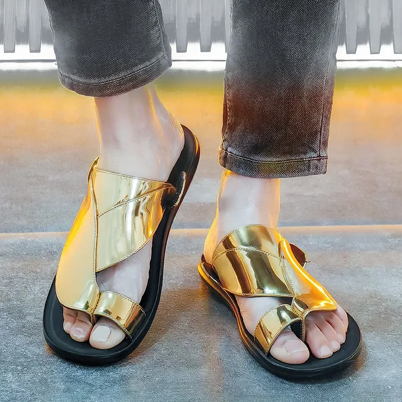 2024 Luxury Gold Flip flops Man Metallic Leather Sandals Men Open-toe Slippers Comfort Outdoor Sandals For Men chanclas hombre