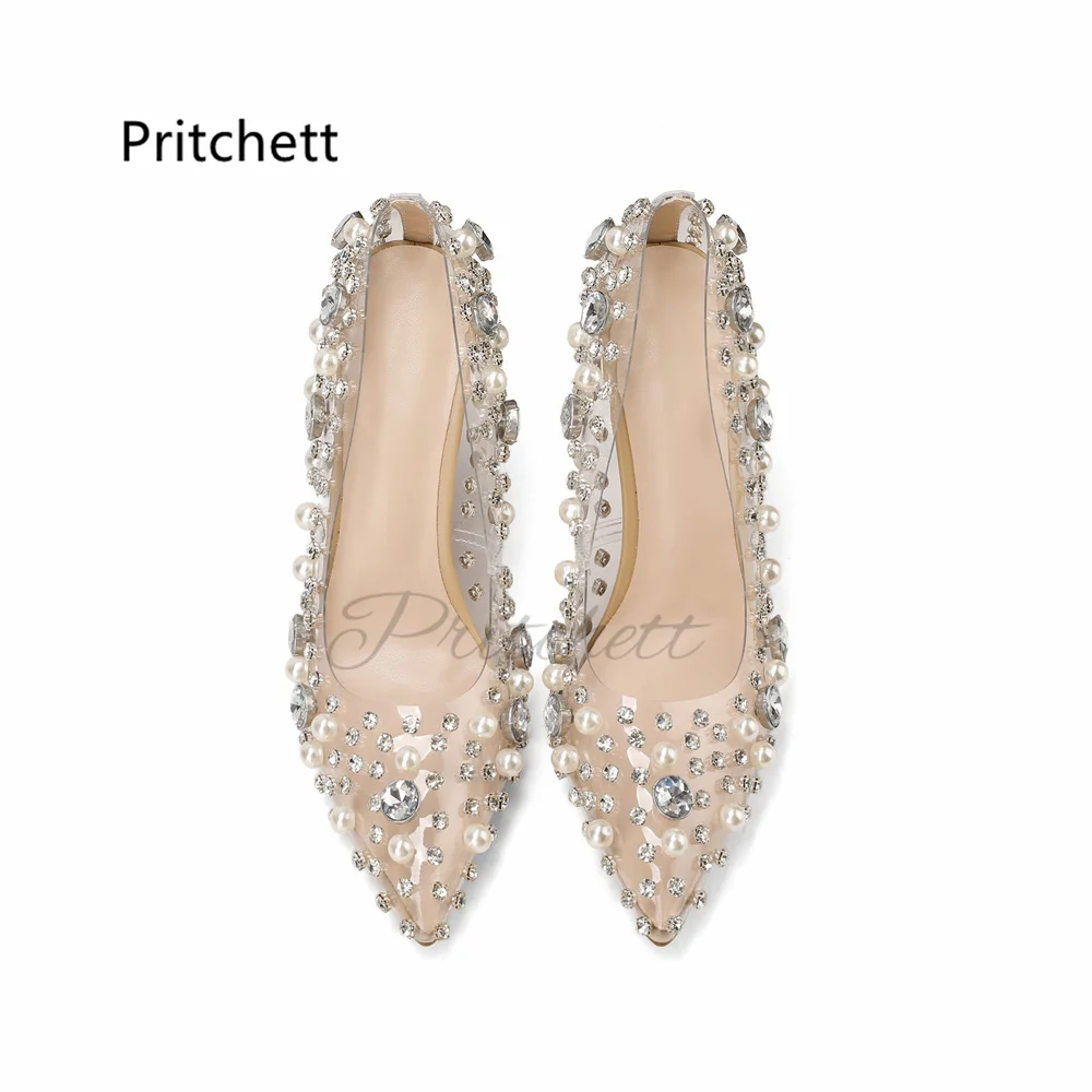 Transparent Pvc Pointed Toe Pumps for Women Pearl Rhinestone Embellished Clear Stiletto High Heels Wedding Bridal Dress Shoes