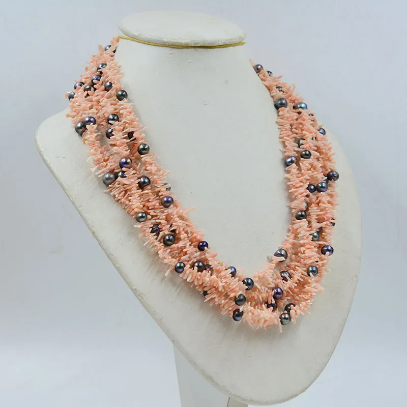 6 strands of natural coral/natural black pearl necklace, perfect female party jewelry  21