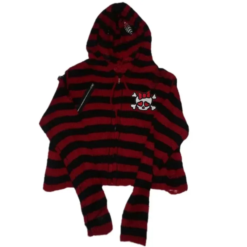 Gothic Skull Pattern Hoodie Striped Knitted Sweater Cardigan Female Harajuku Punk Japanese Korea Striped Zipper Loose Hoodie New