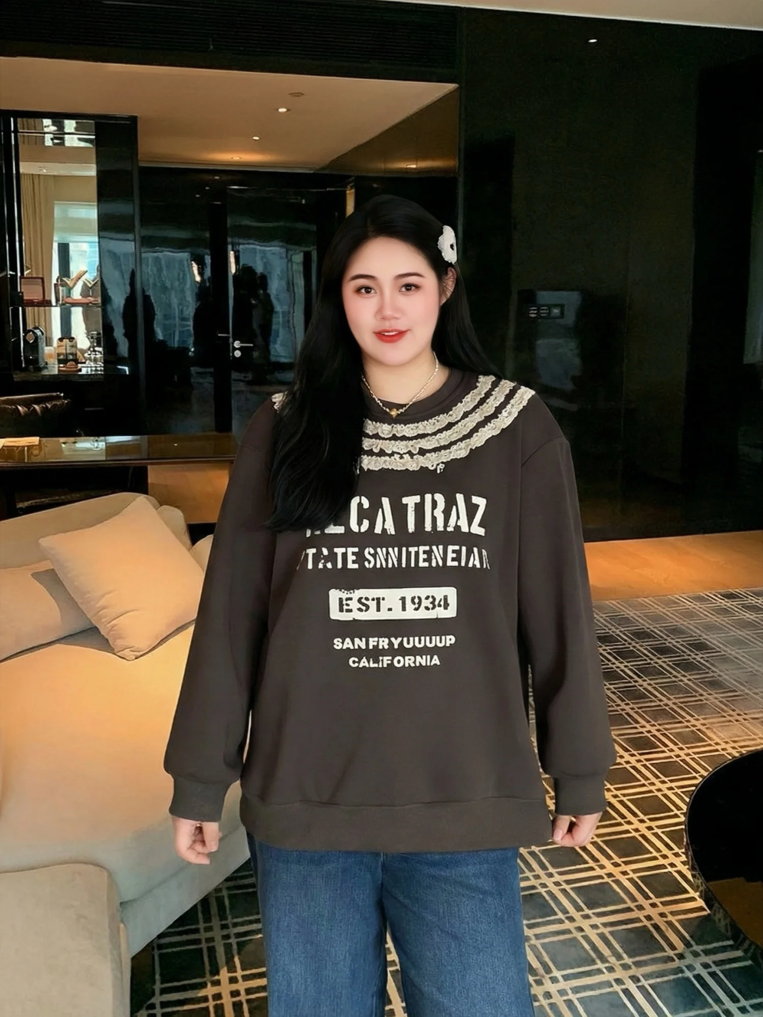 

plus Size Women's round Neck Fleece Lined Hoodie Casual Fashion Print Long Sleeve Sweatshirt Commute Style Autumn Winter Top