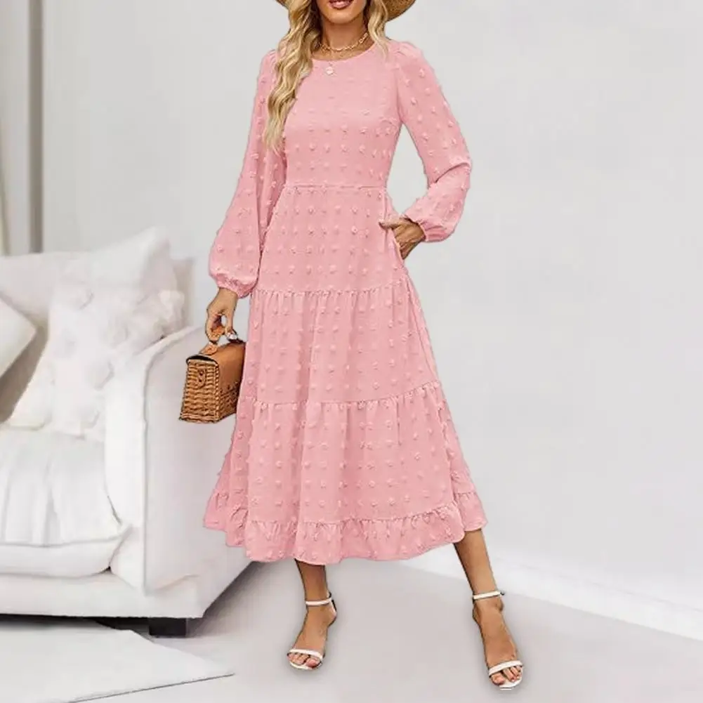 Women Midi Dress Elegant Women's A-line Midi Dress with Lantern Sleeves Dot Applique Detailing for Fall Winter Events Commuting