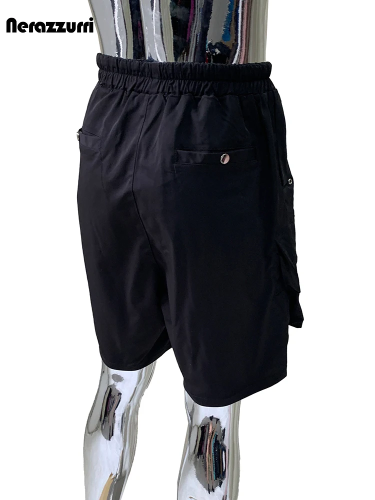 Nerazzurri Summer Autumn Black Cargo Shorts for Men with Elastic Waist Drawstring Loose Casual Knee Length Menswear Clothing
