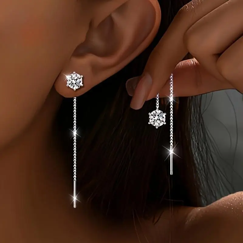 6mm Round Moissanite Diamond Tassel Long Threader Earrings For Women Classic Six-Claw Ear Wire Jewelry