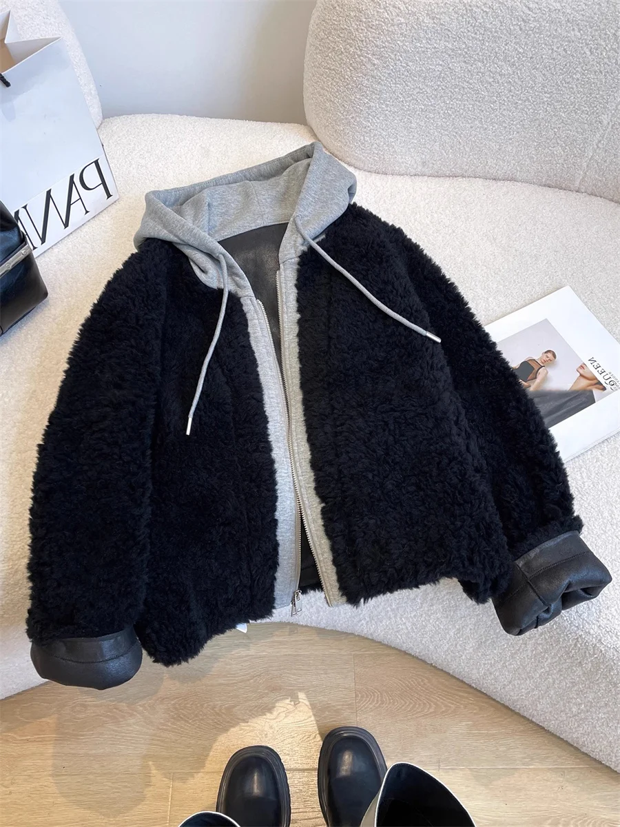 Design coreano Senso Colore Sang Pelliccia con cappuccio Jaet Uomo Donna Autunno Inverno Faionable Allentato Falso in due pezzi Top Cappotto da donna