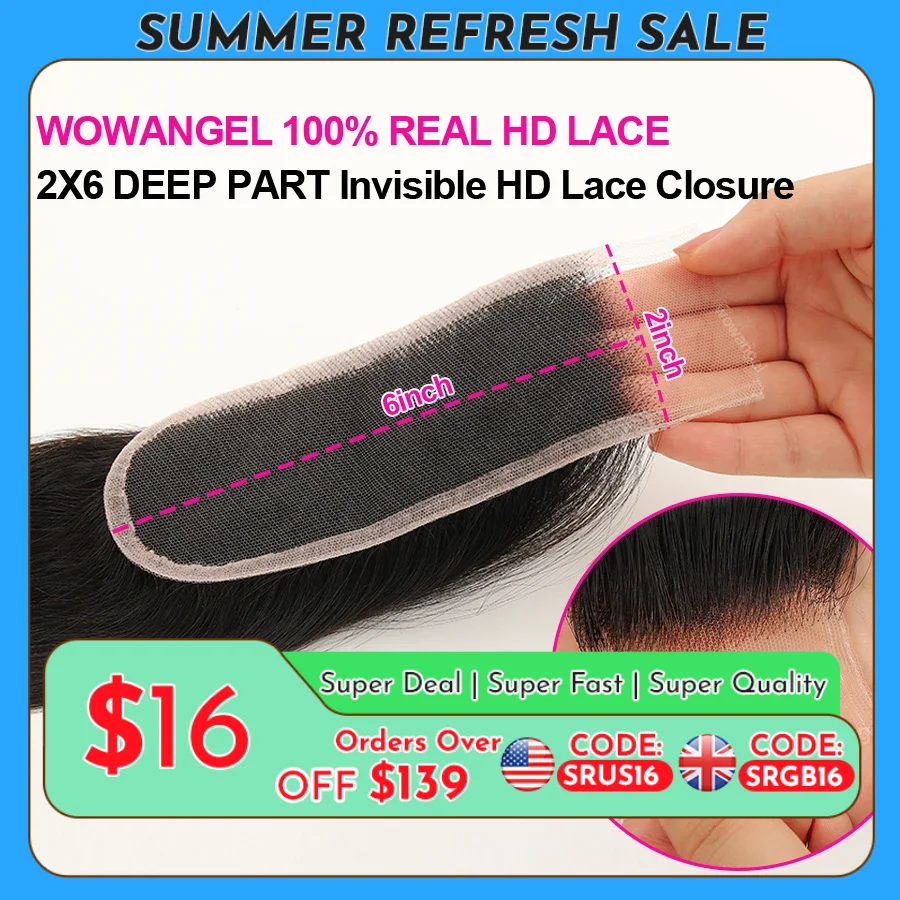WOWANGEL 2x6 Deep Parting HD Lace Closure Frontal Only Melt Skin Straight Hair Kim K Closure Pre Plucked Virgin Hair For Woman