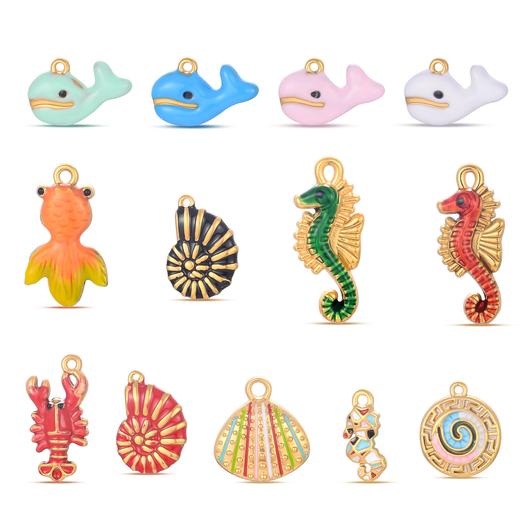 

4Pcs/lot Enamel Ocean Animal Whale Fish Seahorse Shrimp Charms DIY Necklace Bracelet Stainless Steel Jewelry Making Accessories