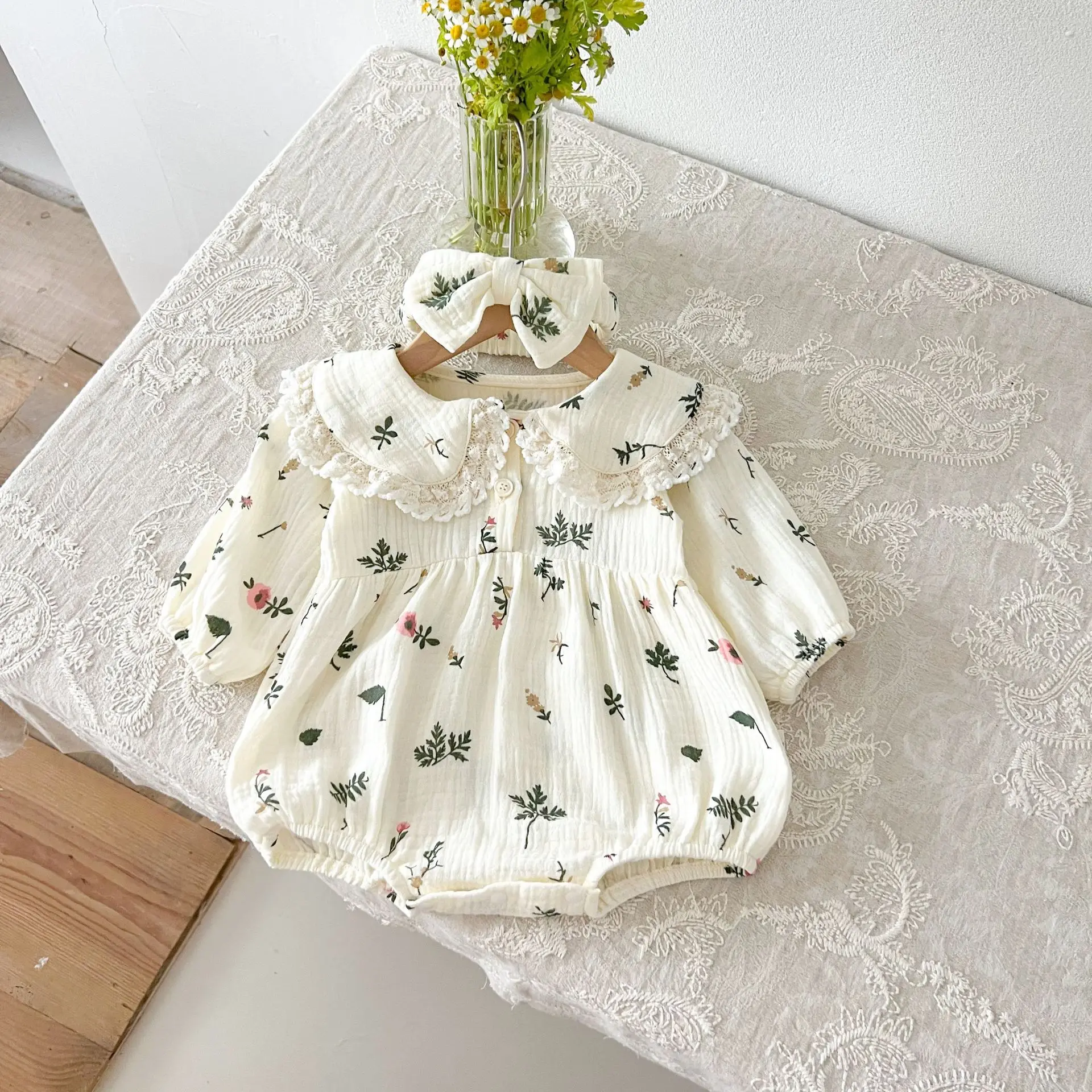 Autumn Newborn Infant Baby Girls Sweet Flower Romper + Headband Muslin  Lapel Rompers Kids Onepiece Fashion Baby Clothing