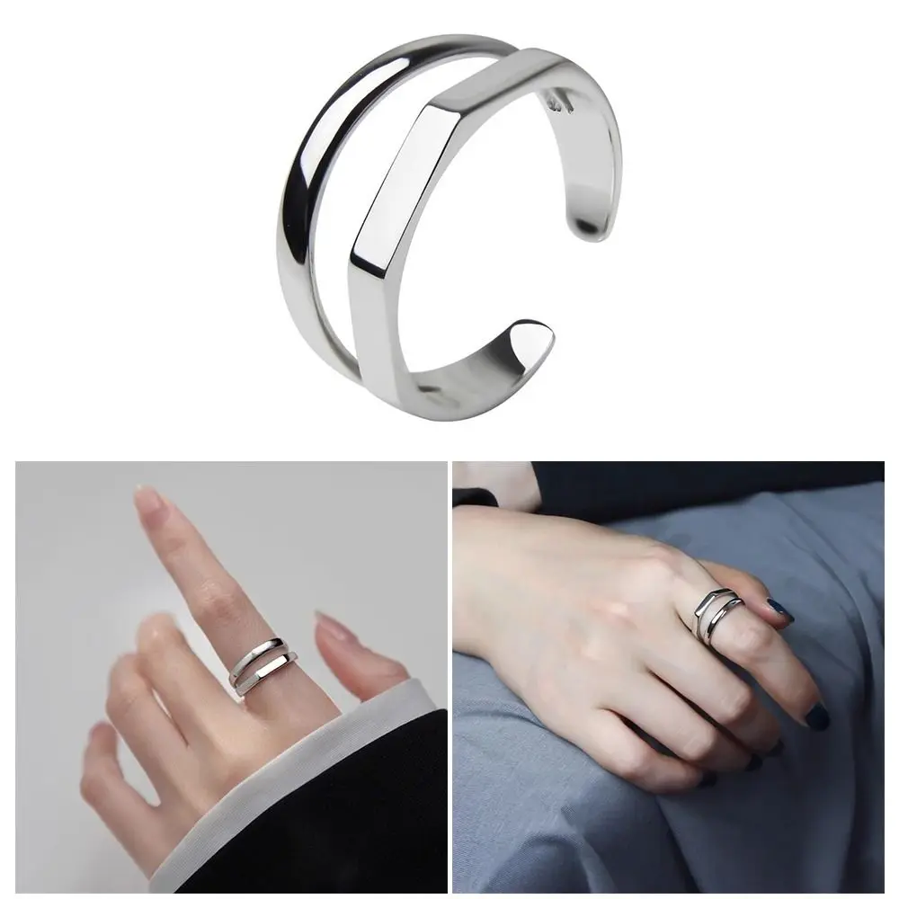 Minimalist Hollowed Adjustable Double-layer Ring Resizable Metal Silver Ring Smooth Line Opening Ring Gifts