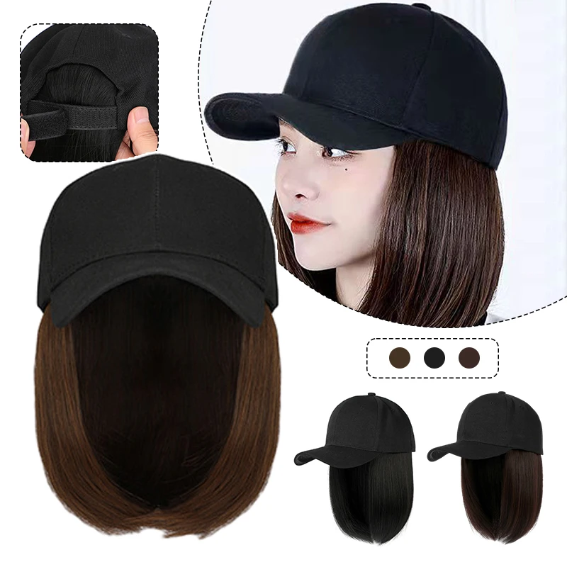 Synthet Short Wavy Baseball Wig Synthetic Natural Bob Wig Black Hat Wigs Cap with Hair Naturally Connect Baseball Cap Adjustable