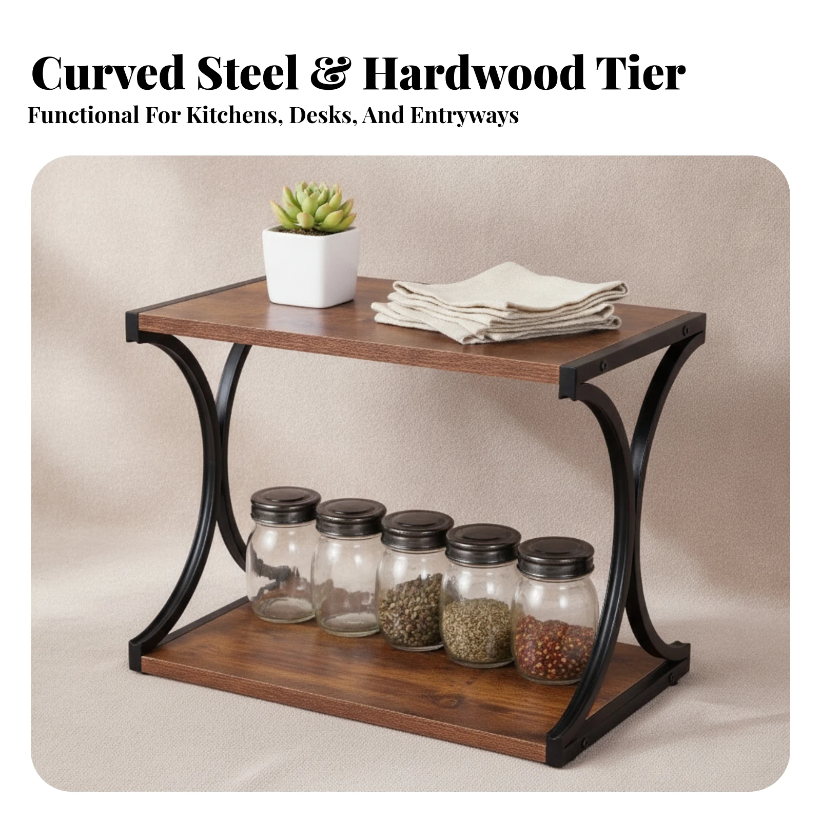 Countertop Organizer with Wood Shelf Double-Layer Two-Tier Storage Rack Countertop Shelf Organizer Kitchen Wooden