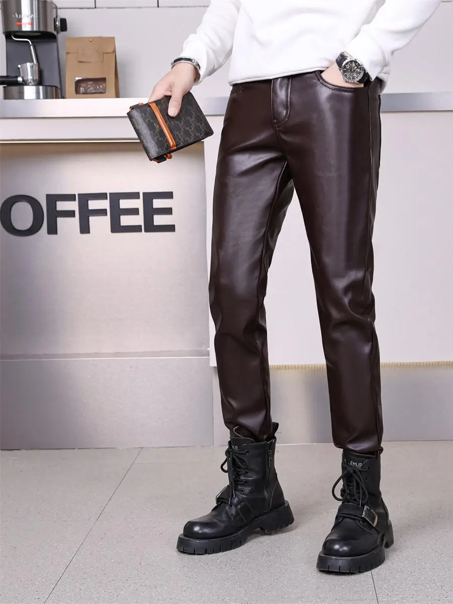 

Black Denim Casual Leather Pants Men's Slim Fit Motorcycle Long Trousers Men's Autumn Winter Windproof Waterproof Trousers