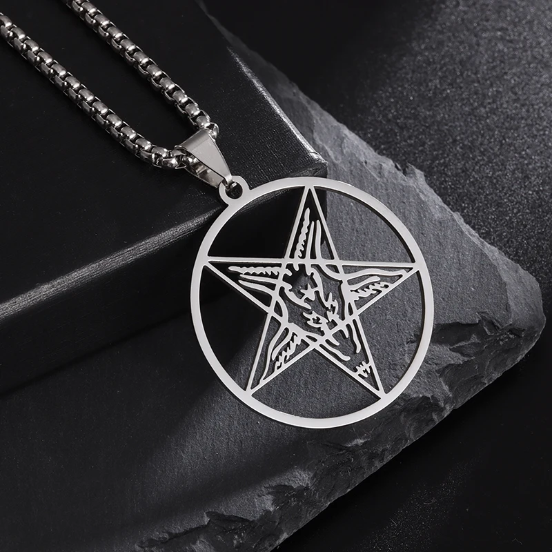 Satan Stainless Steel Church Lucifer Buffy Meets Inverted Round Cutout Pentagon Seal Men's Amulet Pendant Necklace Jewelry