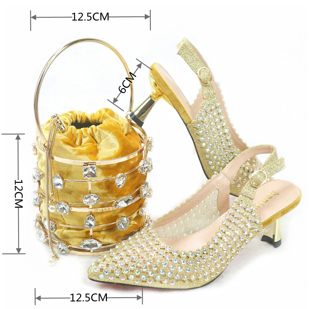 Gold Color Round Shape Shoes And Bag Set For Party Italian High Heels Matching Clutch Bag Bridal Wedding Elegant Set