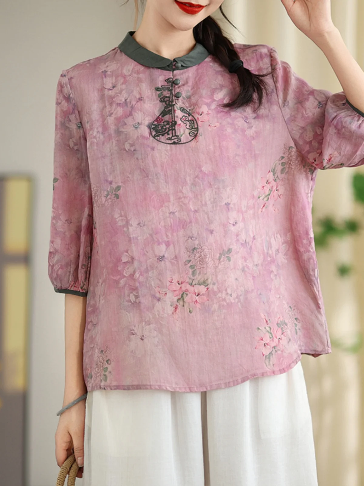 New Chinese Sle Donna Loose Fit Cotone Lino irt ort Sve Ricamato Dimagrante Top Pendolarismo Sle Summer Faion