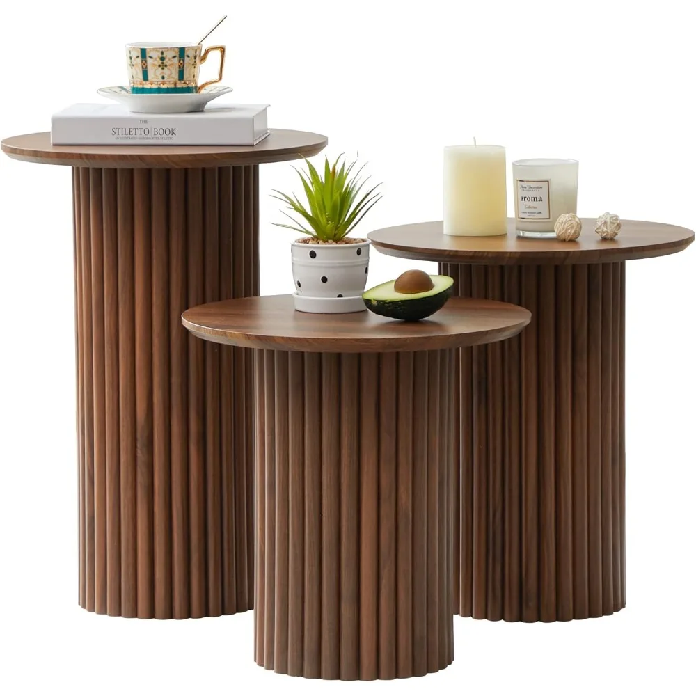 Tri-Level Nesting Coffee Table Set in Mid-Century Modern Style, Fluted Coffee and End Table Duo, Compact Circular Wooden Side Ta