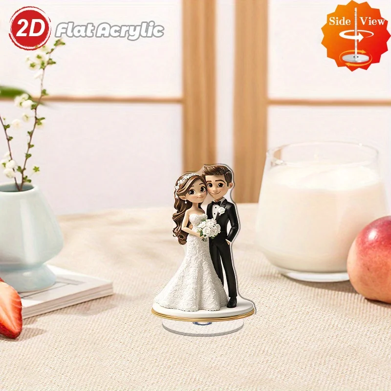 2D Flat - [2D Flat] 1pc Rotating Bride And Groom Wedding Decor - Elegant 2D Flat Acrylic Ornament with 360° Rotating Base, White