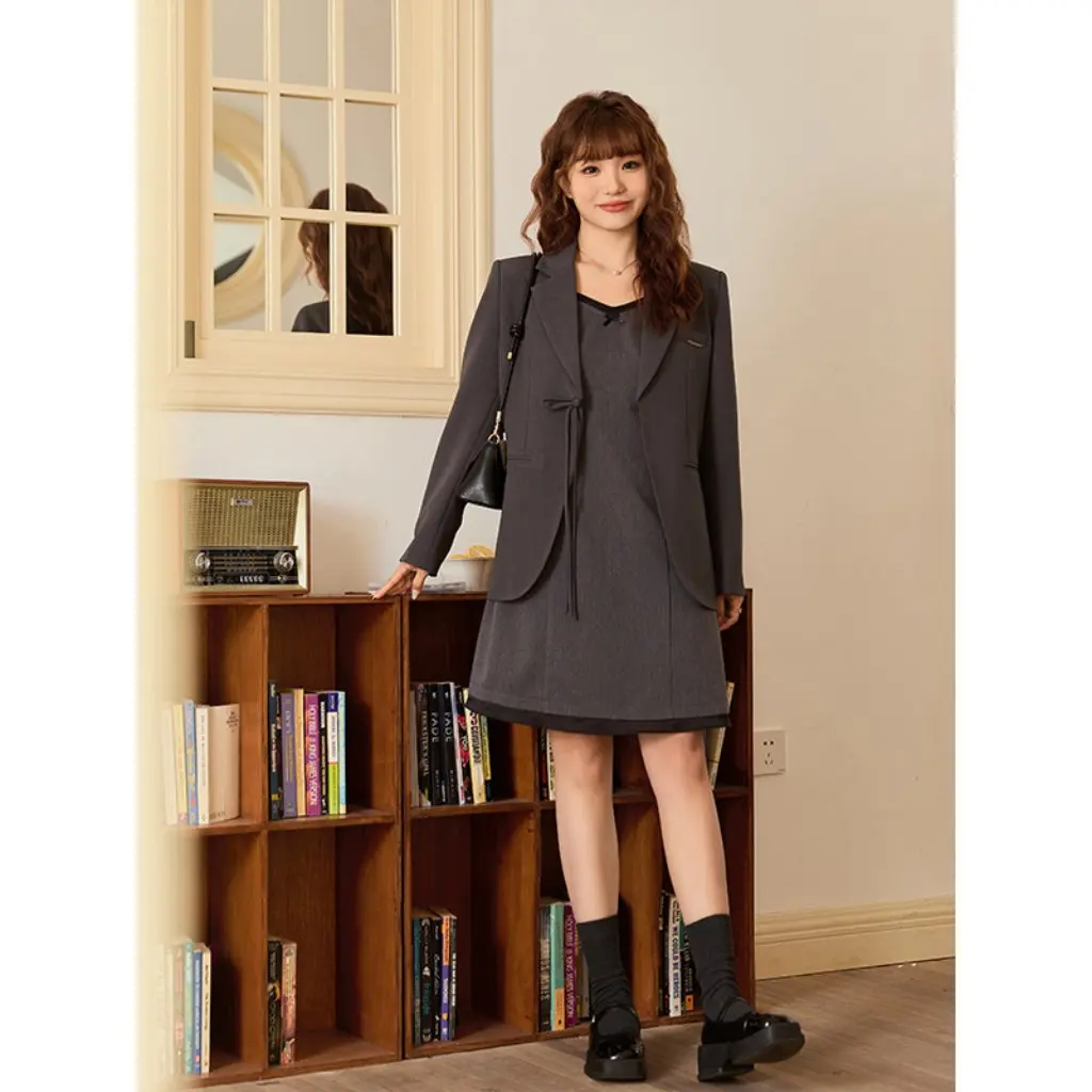 Plus Size Grote Contrast Kleur Boog Herfst Tube Top Jarretel Rokje Slim Fit Nep Tweedelige Set voor Vrouwen 65199