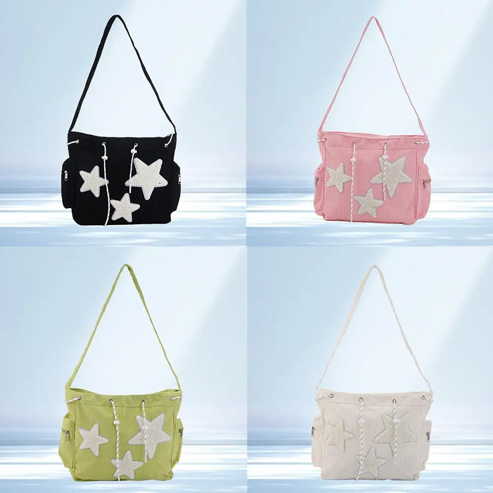 Star Pattern Tote Storage Bag Large Capacity Casual Shoulder Bag Cute Star Drawstring Design Crossbody Bag Korean Street Style