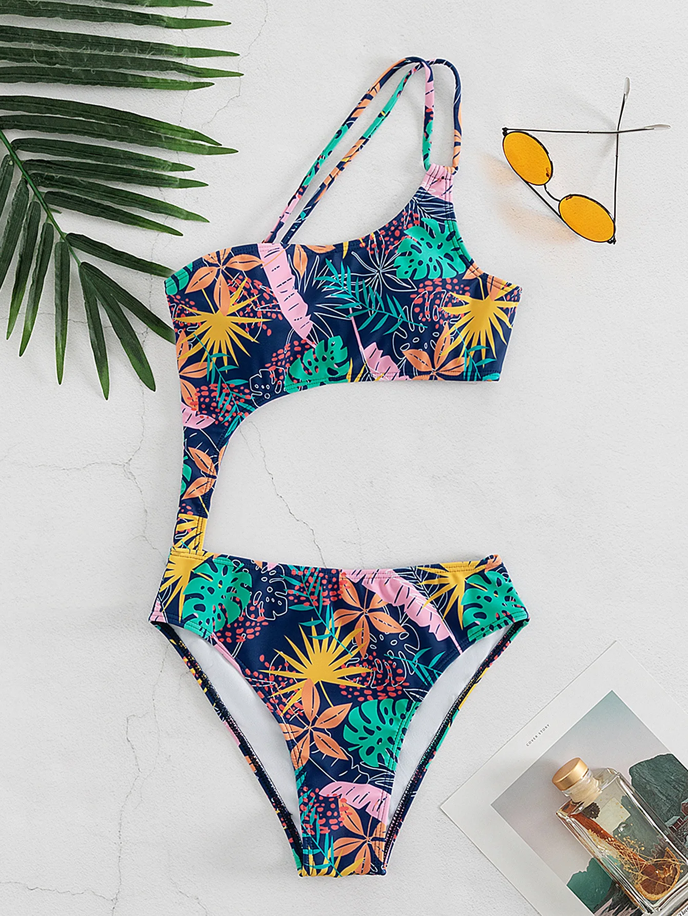 Summer Floral One Shoulder One-Piece Swimsuit Sexy Off-Shoulder Monokini Waist Cutouts Slim-Fit Printed Bathing Suit Bodysuit