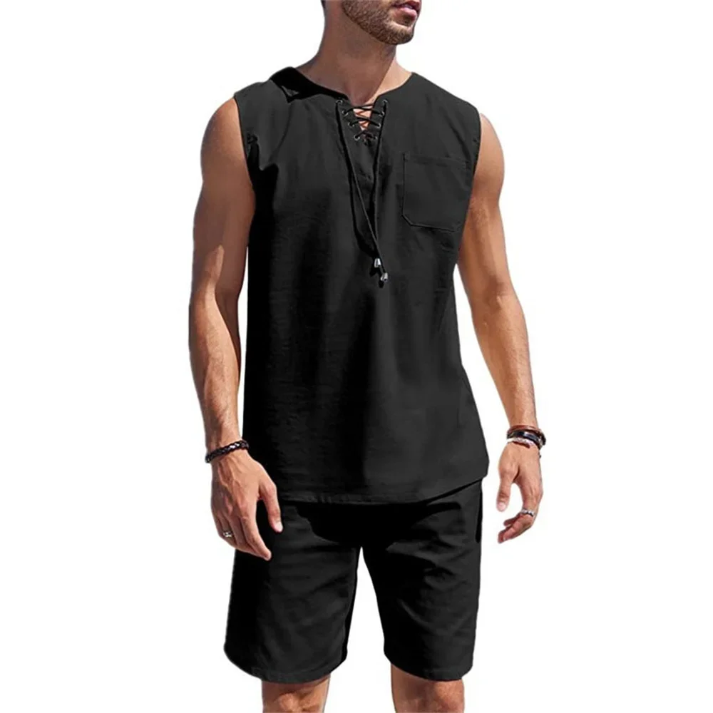

Cotton Linen Men's Vest Set Solid Color Lightweight Breathable V-neck Drawstring Design Fashion Sets Vacation Beach Cozy Suits