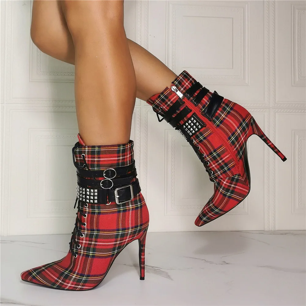 New Red Tartan Design Ankle Boots Lady Fashion Increasing Heel Spring Boots Sexy Female Platform Shoes With Buckle and Strap