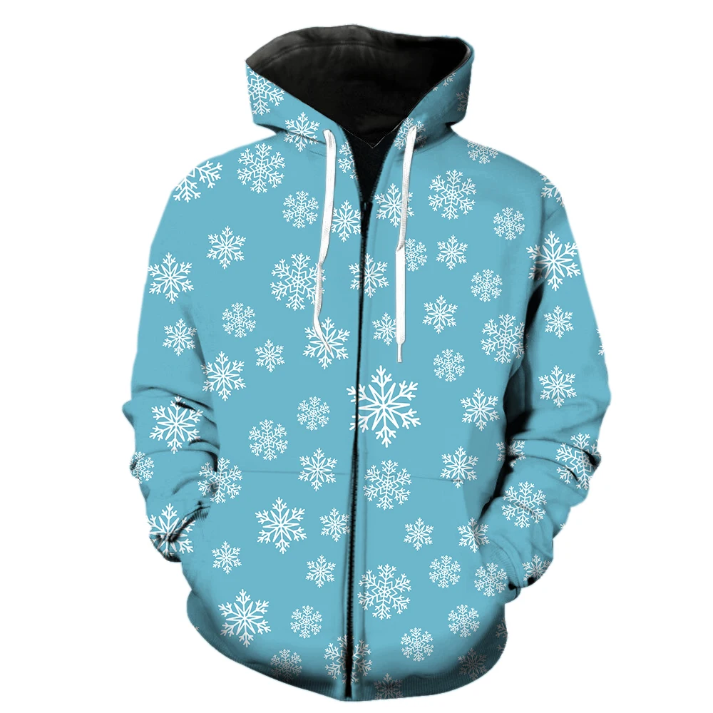 

Winter Snowflake Pattern Men's Zipper Hoodie 3D Print Funny Sweatshirts Tops Casual Spring Fashion Hip Hop With Hood Jackets