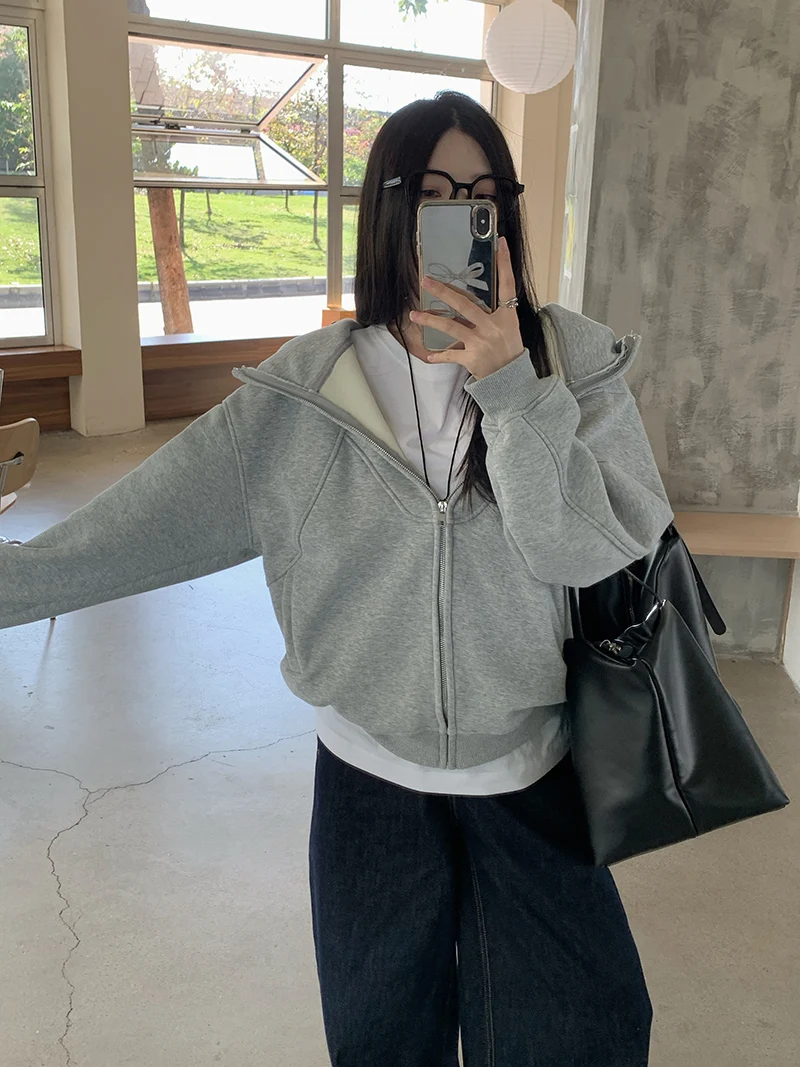 

Women Solid Color Hoodie Korean Streetwear Zipper Long Sleeve Warm Thick Winter Casual Versatile Hooded Top