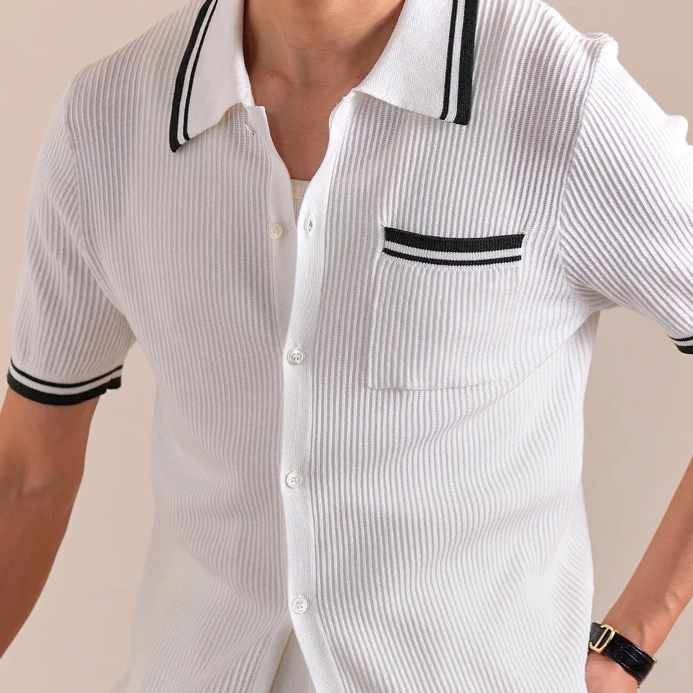 2025 Spring Summer White Italy Lyocell Knitted Cardigan Polo Men Shirt Casual Short Sleeve British Breathable POLO T-shirt Men