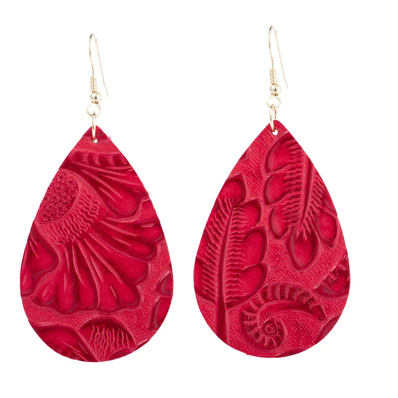 S3283 Fashion Jewelry Dangle Women's Leather Earrings Embossing Water-drop Real Leather Earrings