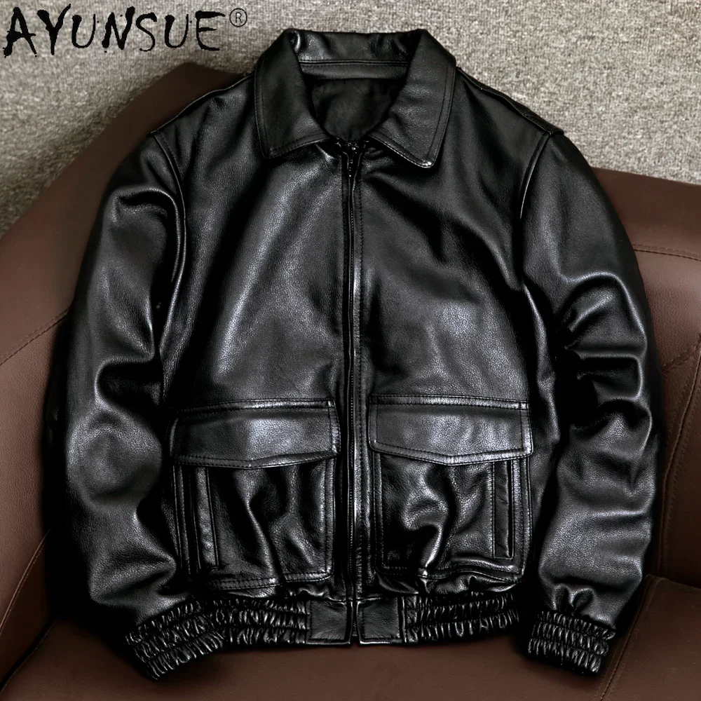 

AYUNSUE 100% Genuine Cow Leather Jacket Men Clothing 2021 High Quality Plus Size Cowhide Coat Autumn Spring Flight Jacket KJ6736