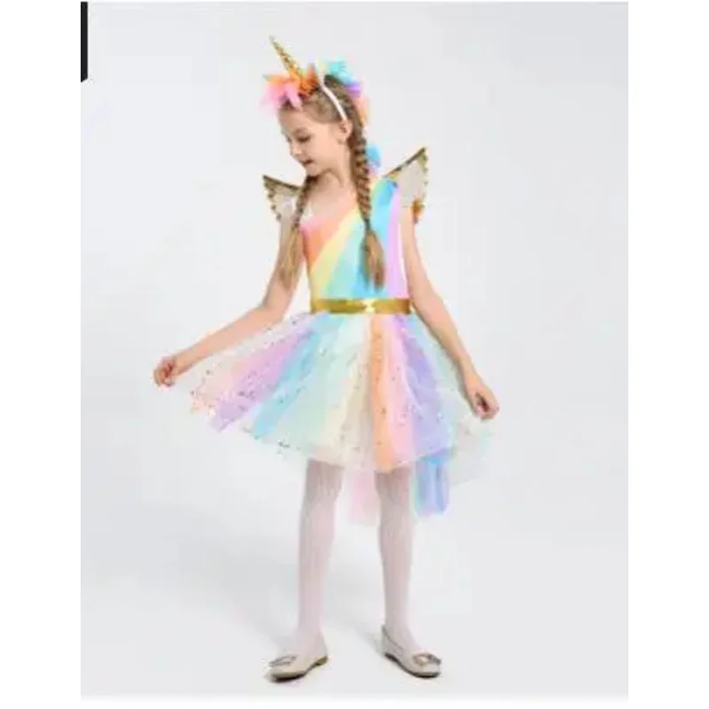 1set/lot Girl Unicorn Fancy Dress Costumes Rainbow Sequined patchwork unicorn cosplay dress with  Hair Hoop and wing