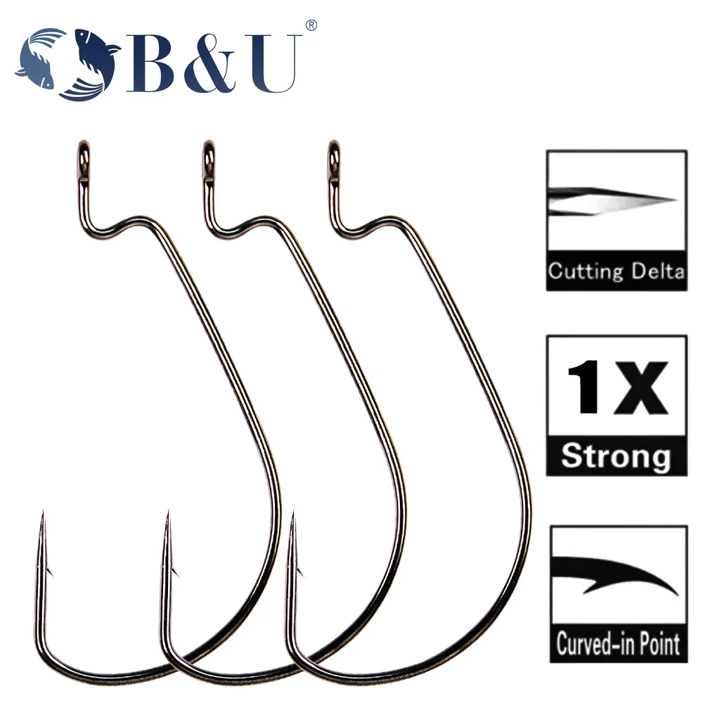 B&U 12pcs Thin Wire Wide Gap Offset Hook Worm Hook Texas Rig Drop Shot Stainless Steel Worm Fishhook Fishing Accessories