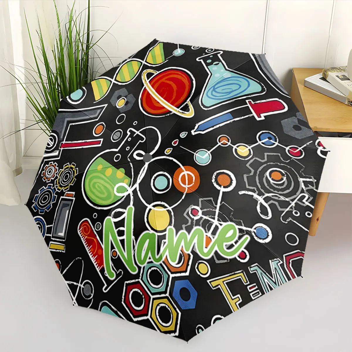 Personalized Custom Name Scientific Icons Design Umbrella Print 8 Iron Ribs Folding Umbrella, Auto-Open Fashion Sunshade