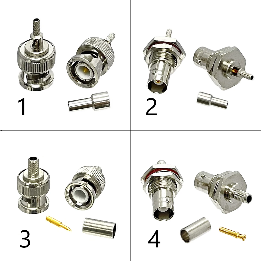 1-4PC BNC męski żeński wtyk Jack RF złącze koncentryczne zaciskane do kabla RG316 RG174 RG58 RG142 miedź niklowana z rysunkiem nowość