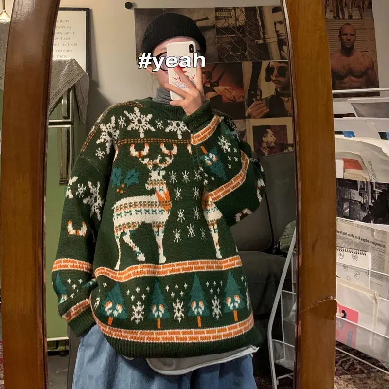 เสื้อผ้าผู้หญิง เสื้อสเวตเตอร์คริสต์มาส เสื้อสเวตเตอร์คอกลมทรงหลวมสำหรับฤดูใบไม้ร่วงและฤดูหนาว ชุดคู่รัก เสื้อถักอเนกประสงค์ แฟชั่น