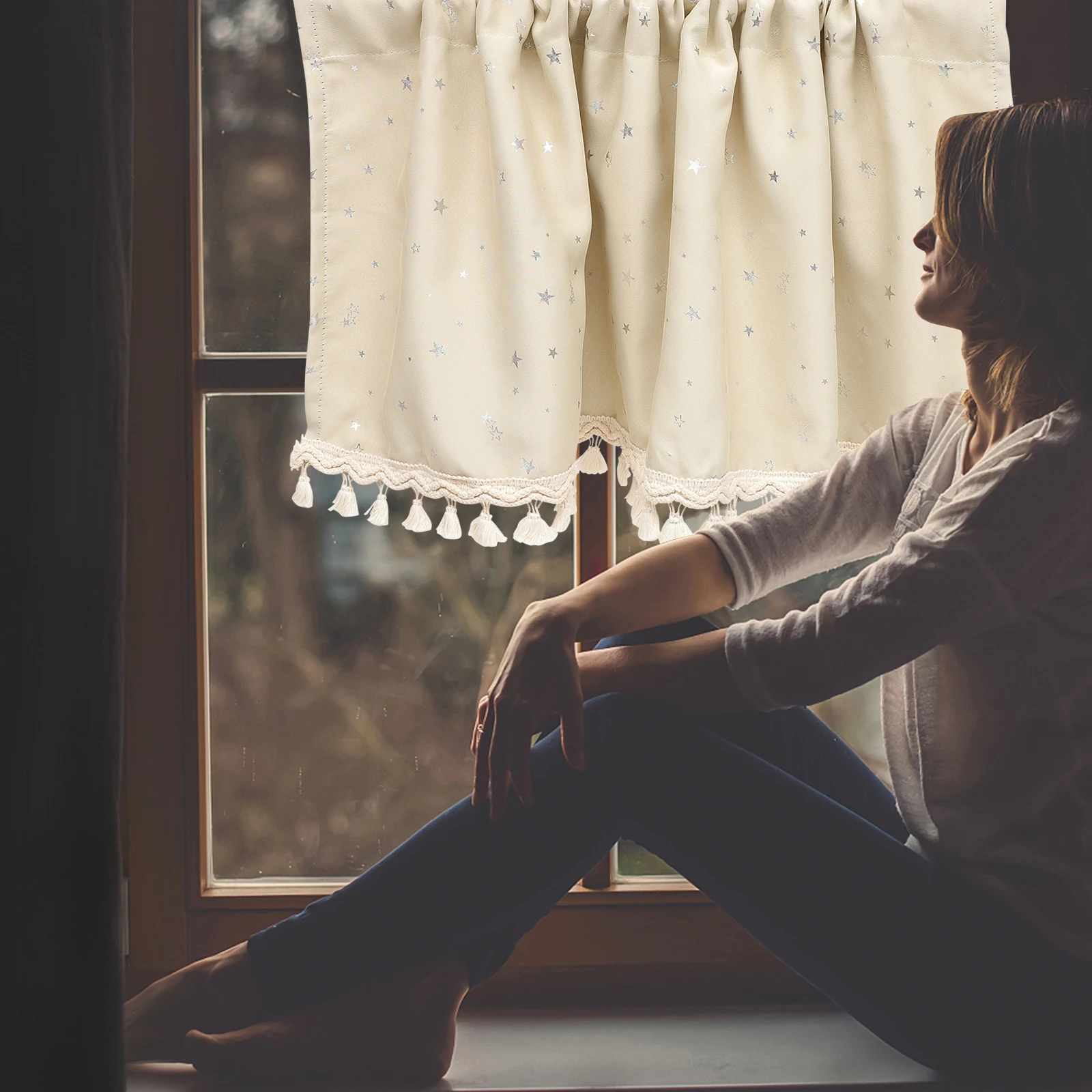 

Modern Tassel Cafe Curtain for Kitchen Small Window Short Valance Bathroom Cabinet Door Decorative Light Filtering