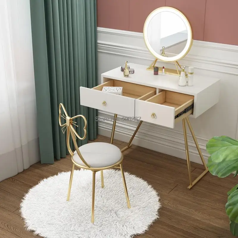 Nordic Minimalist Vanity Stool with Backrest, Bowknot Princess Swivel Makeup Chair, Girl Bedroom Manicure Seat